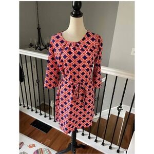Just USA Coral Blue Geometric Print Belted 3/4 Sleeve Dress‎ Womens Size Medium